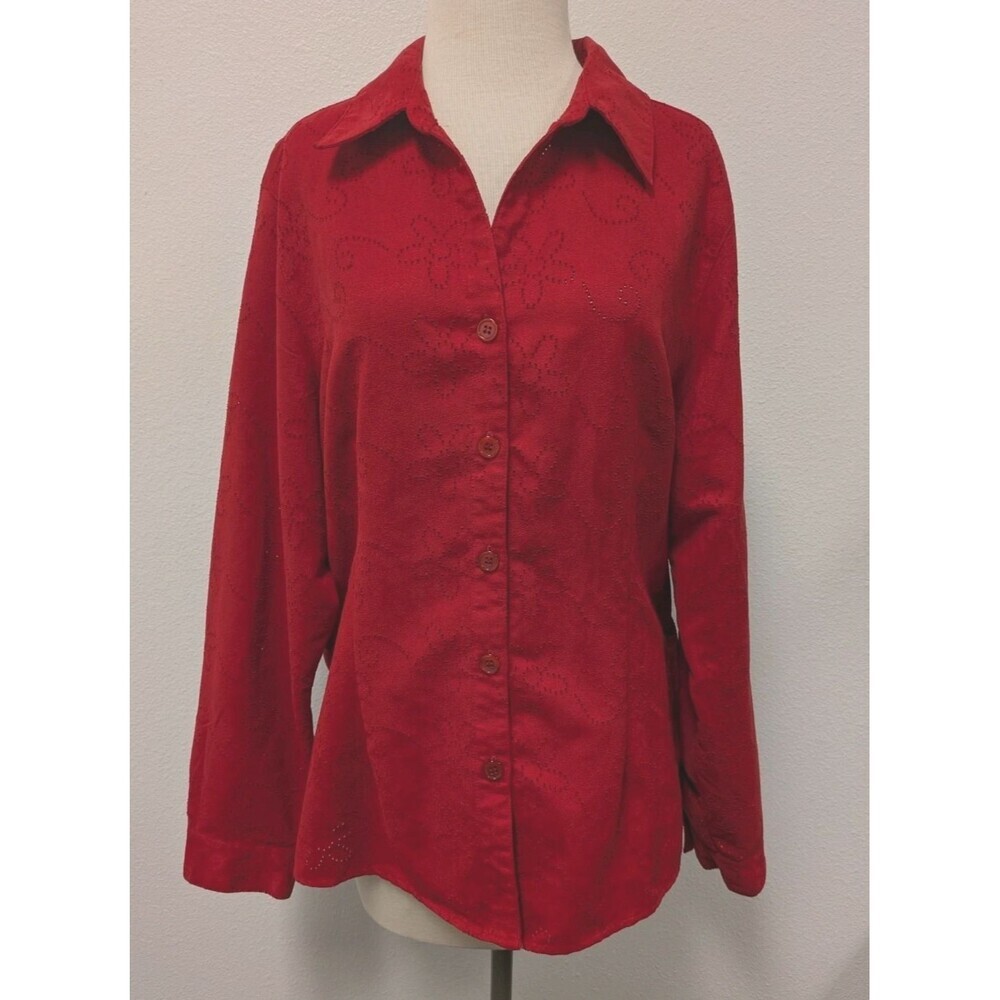 Vintage Sag Harbor Red Faux Suede Floral Button Up Long Sleeve Top sz XL Holiday